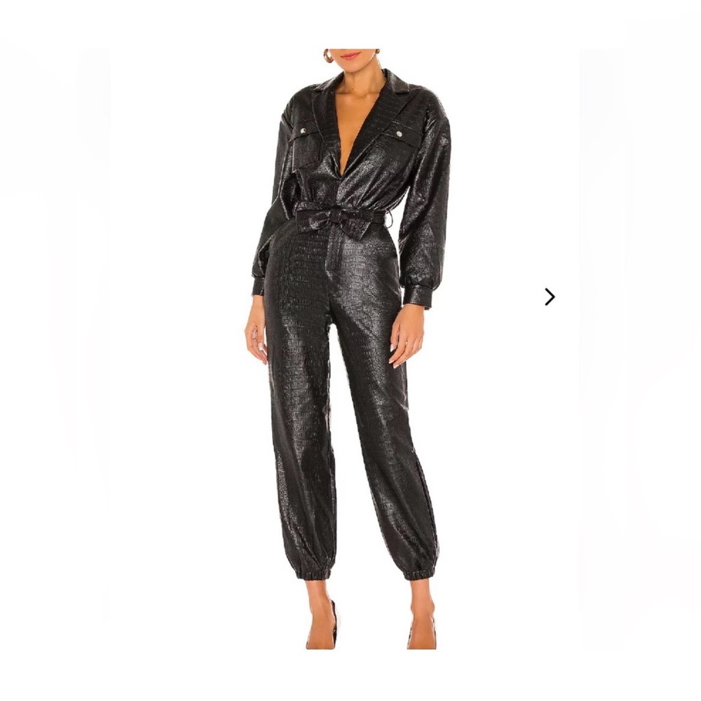 Lovers + Friends Tag Black Faux Leather Croc embossed Jumpsuit Women Sz XS